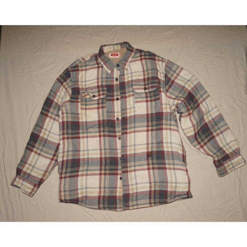 Men's Large Wrangler Fleece Lined Flannel Shirt Jacket Plaid Workwear Warm J41